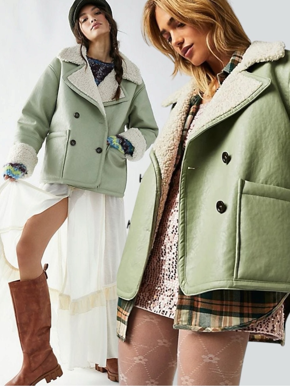 Free People Retro 70s Kaja Vegan Leather Peacoat Jacket Green Tea Leaves Large